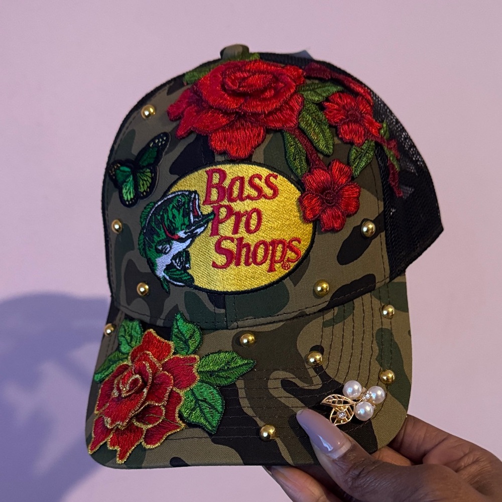 Crafted Bass Pro Shops Camouflage Cap with Red Floral Embroidery